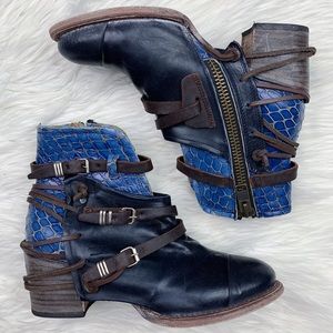 Freebird by Steven Crue Leather Croc Embossed Strappy Ankle Boot Navy Blue Multi